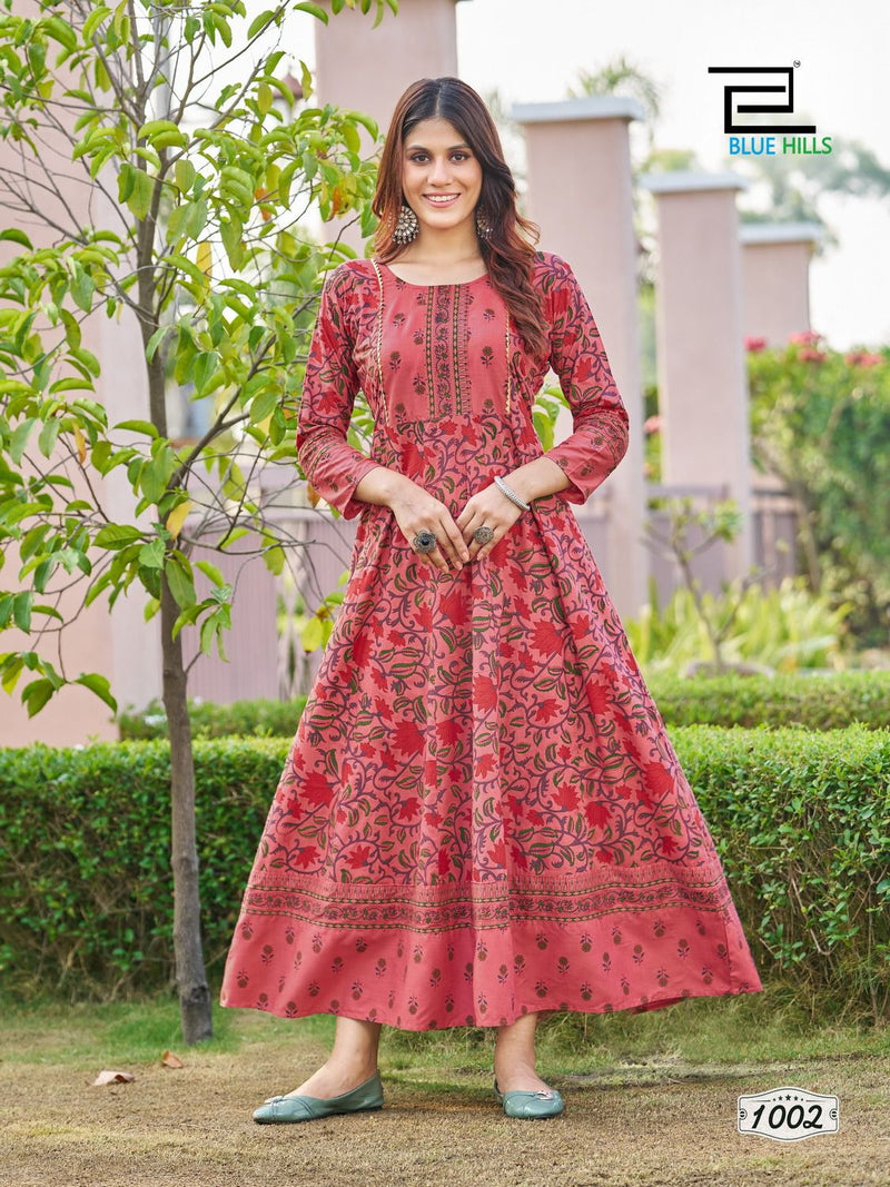 Blue Hills Happy Hours Rayon Foil Print Fancy Anarkali Gown Kurtis