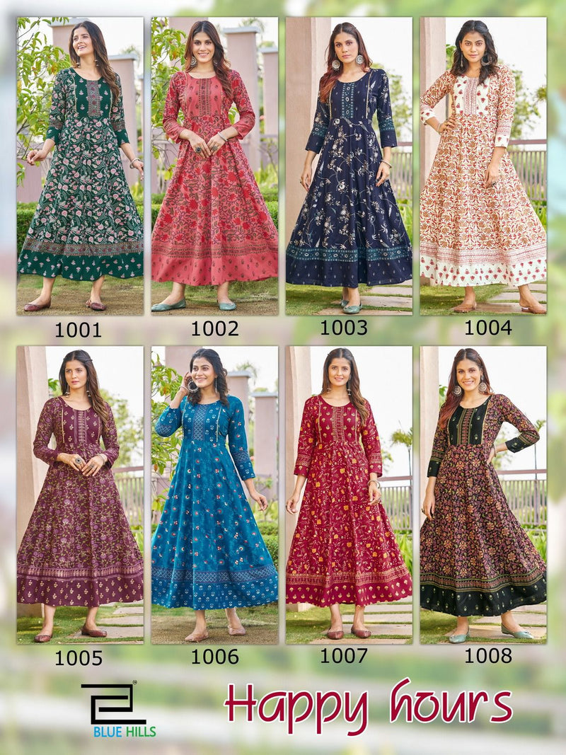 Blue Hills Happy Hours Rayon Foil Print Fancy Anarkali Gown Kurtis