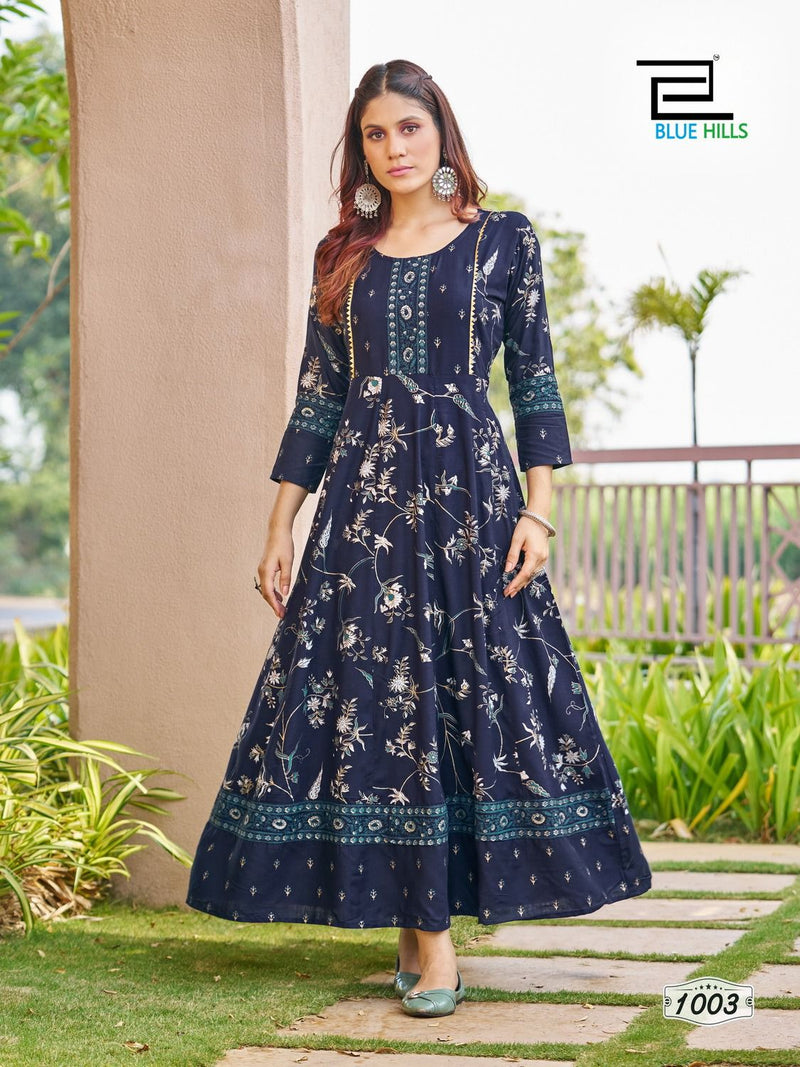 Blue Hills Happy Hours Rayon Foil Print Fancy Anarkali Gown Kurtis
