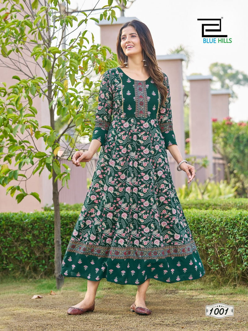 Blue Hills Happy Hours Rayon Foil Print Fancy Anarkali Gown Kurtis