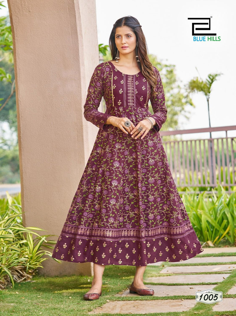 Blue Hills Happy Hours Rayon Foil Print Fancy Anarkali Gown Kurtis