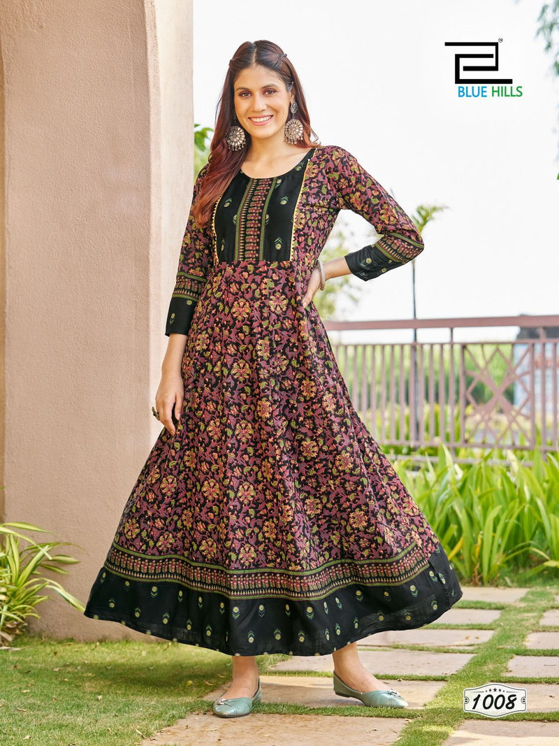 Blue Hills Happy Hours Rayon Foil Print Fancy Anarkali Gown Kurtis