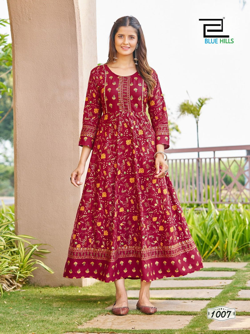 Blue Hills Happy Hours Rayon Foil Print Fancy Anarkali Gown Kurtis