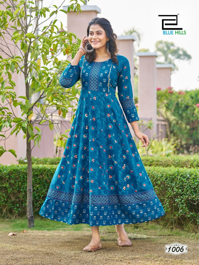 Blue Hills Happy Hours Rayon Foil Print Fancy Anarkali Gown Kurtis