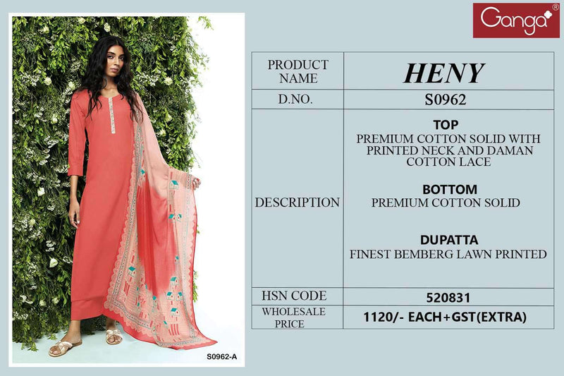 Ganga Heny 962 Cotton With Printed & Designer Work Salwar Suits