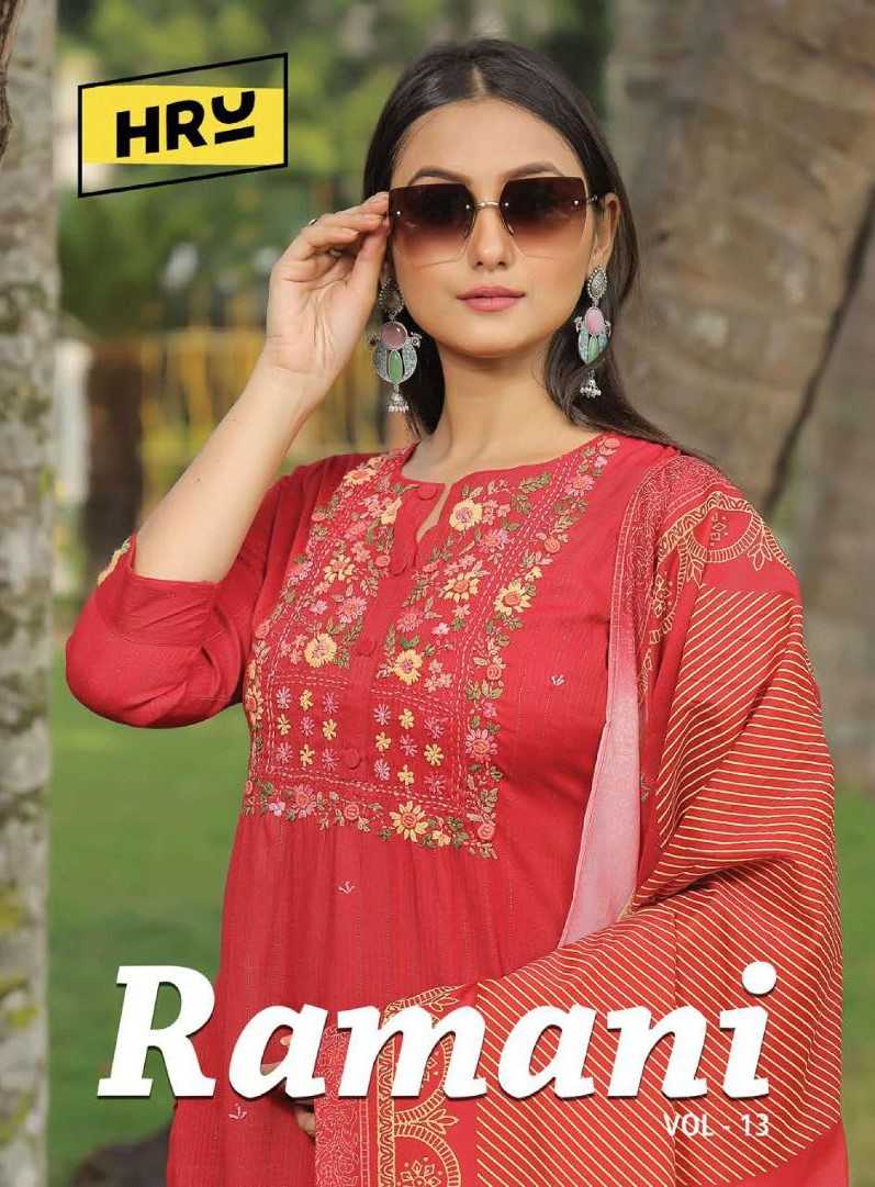 Hru Ramani Vol 13 Viscose Thread Embroidery With Digital Printed Handwork Kurti