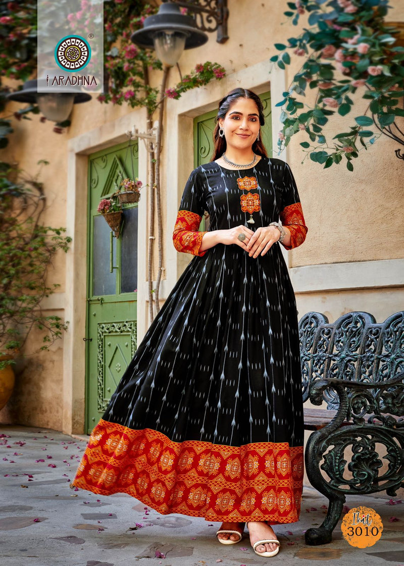 Aradhna Fashion Ikat Vol 3 Rayon Print With Fancy Designer Gown Kurtis