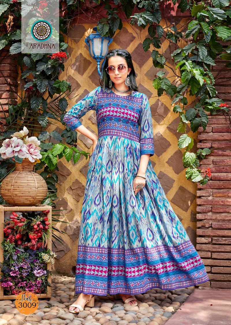 Aradhna Fashion Ikat Vol 3 Rayon Print With Fancy Designer Gown Kurtis