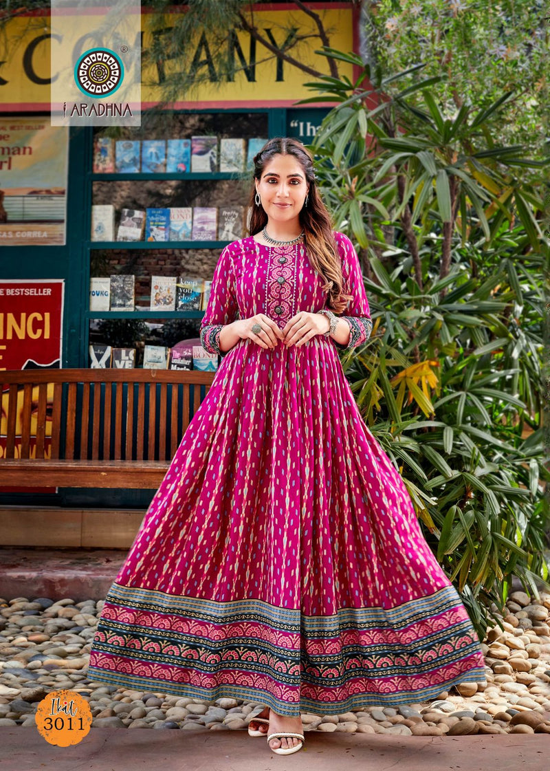 Aradhna Fashion Ikat Vol 3 Rayon Print With Fancy Designer Gown Kurtis