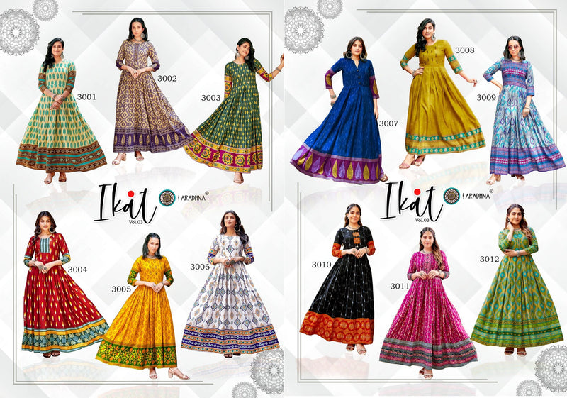 Aradhna Fashion Ikat Vol 3 Rayon Print With Fancy Designer Gown Kurtis