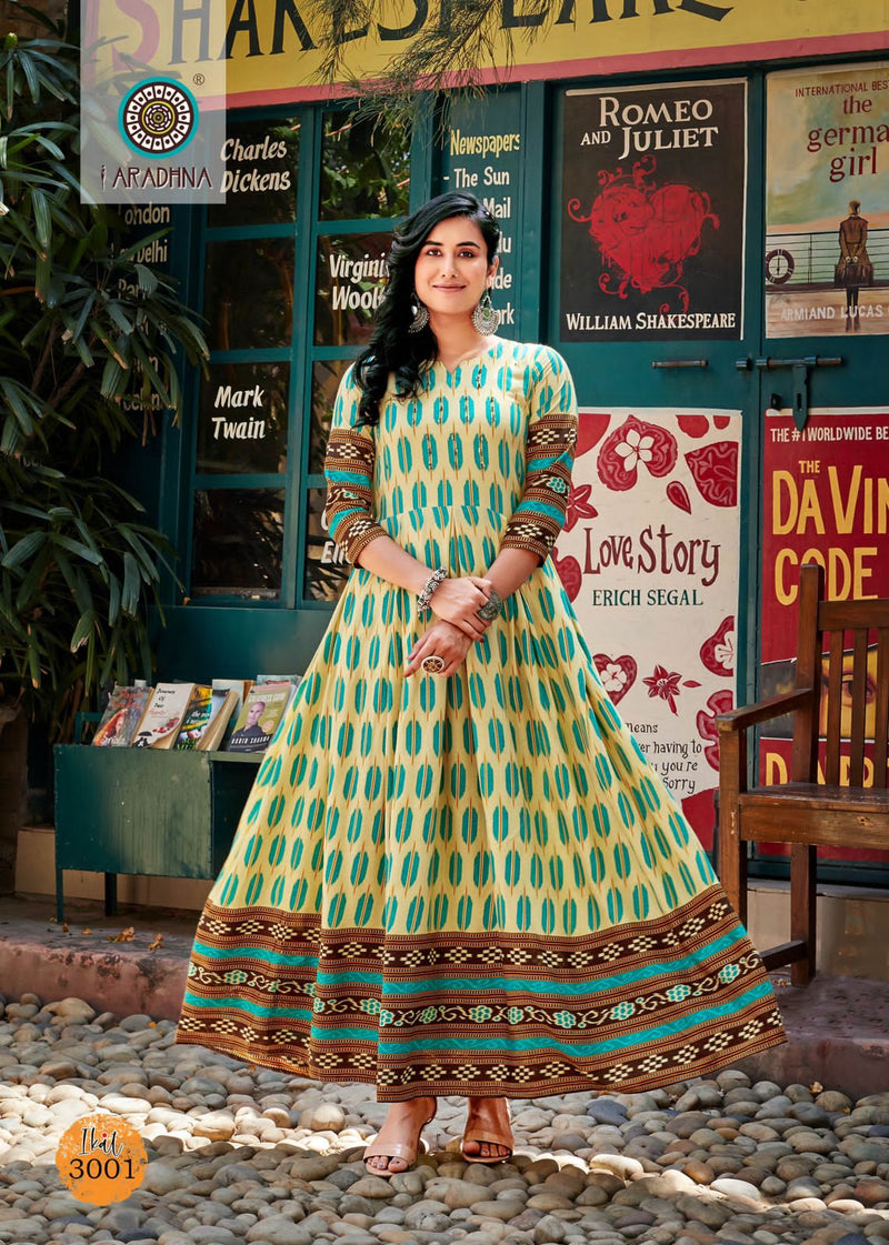 Aradhna Fashion Ikat Vol 3 Rayon Print With Fancy Designer Gown Kurtis