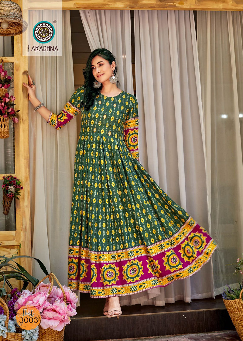 Aradhna Fashion Ikat Vol 3 Rayon Print With Fancy Designer Gown Kurtis