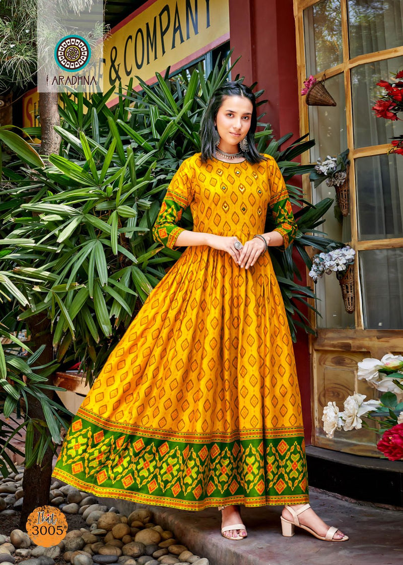 Aradhna Fashion Ikat Vol 3 Rayon Print With Fancy Designer Gown Kurtis