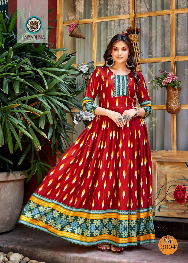 Aradhna Fashion Ikat Vol 3 Rayon Print With Fancy Designer Gown Kurtis