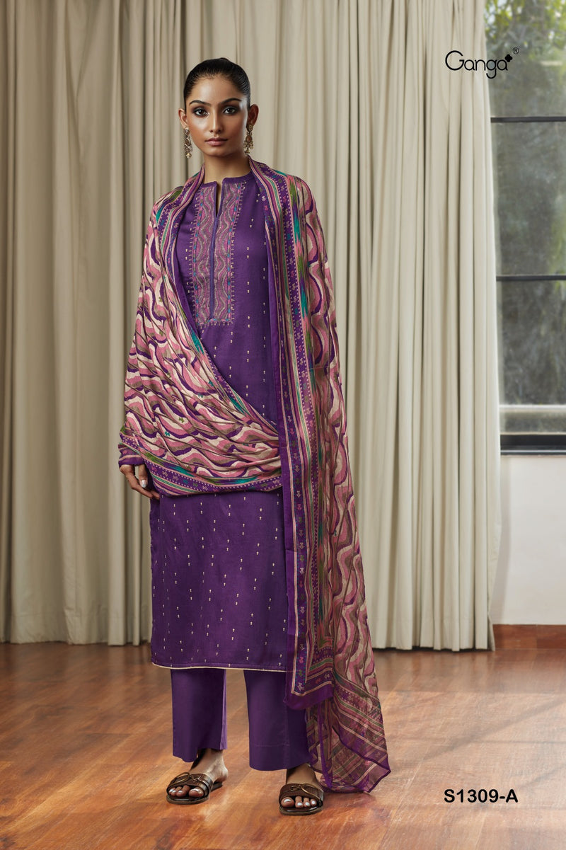 Ganga Inna 1309 Cotton Satin Printed With Embroidery Designer Traditional Suits