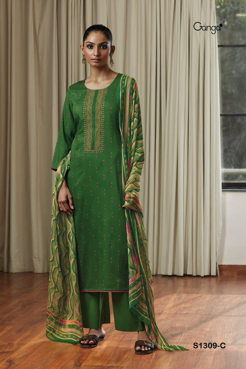 Ganga Inna 1309 Cotton Satin Printed With Embroidery Designer Traditional Suits