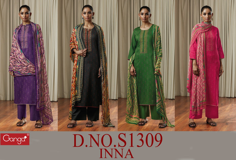 Ganga Inna 1309 Cotton Satin Printed With Embroidery Designer Traditional Suits