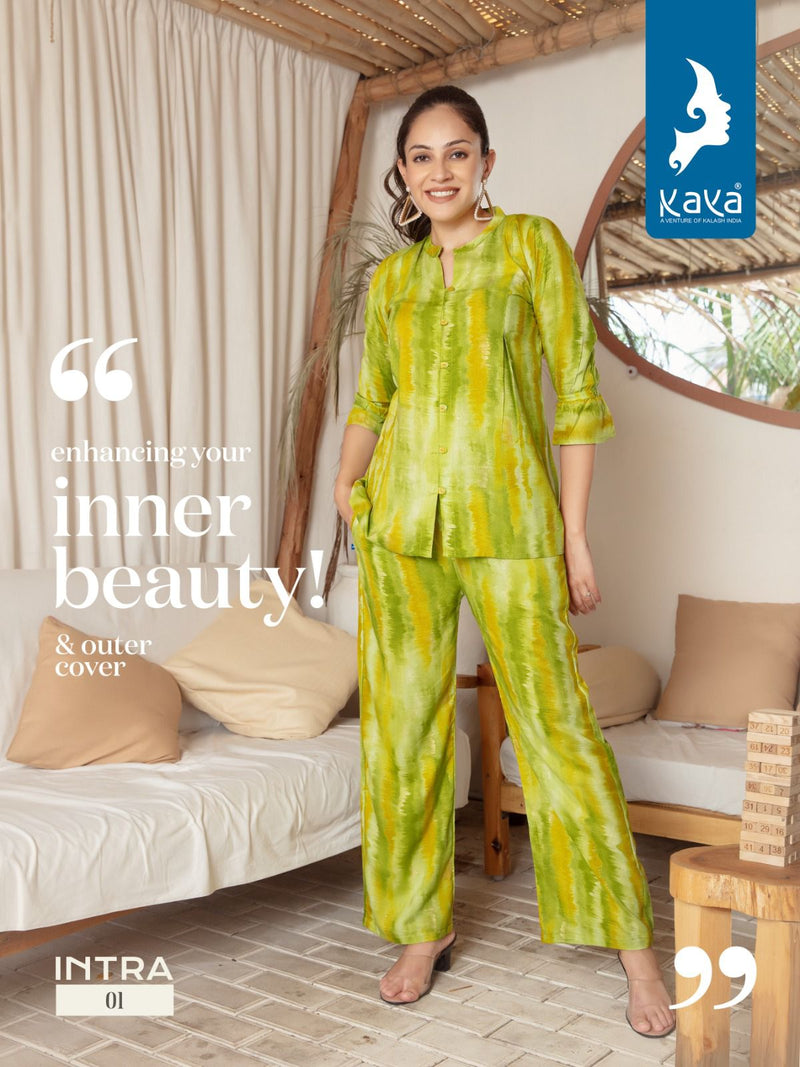 Kaya Intra Rayon Printed Top With Bottom Western Cord Sets
