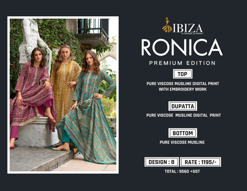 Ibiza Ronica Pure Viscose Muslin Digital Printed Embroidery Work Salwar Suit