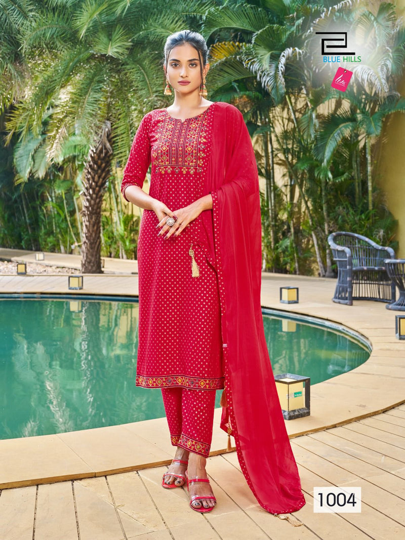 Blue Hills Jailer Rayon Foil Printed Fancy Straight Kurti With Bottom