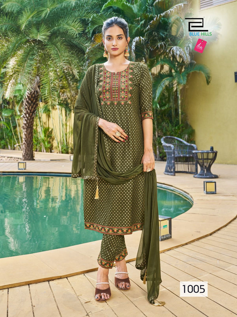 Blue Hills Jailer Rayon Foil Printed Fancy Straight Kurti With Bottom