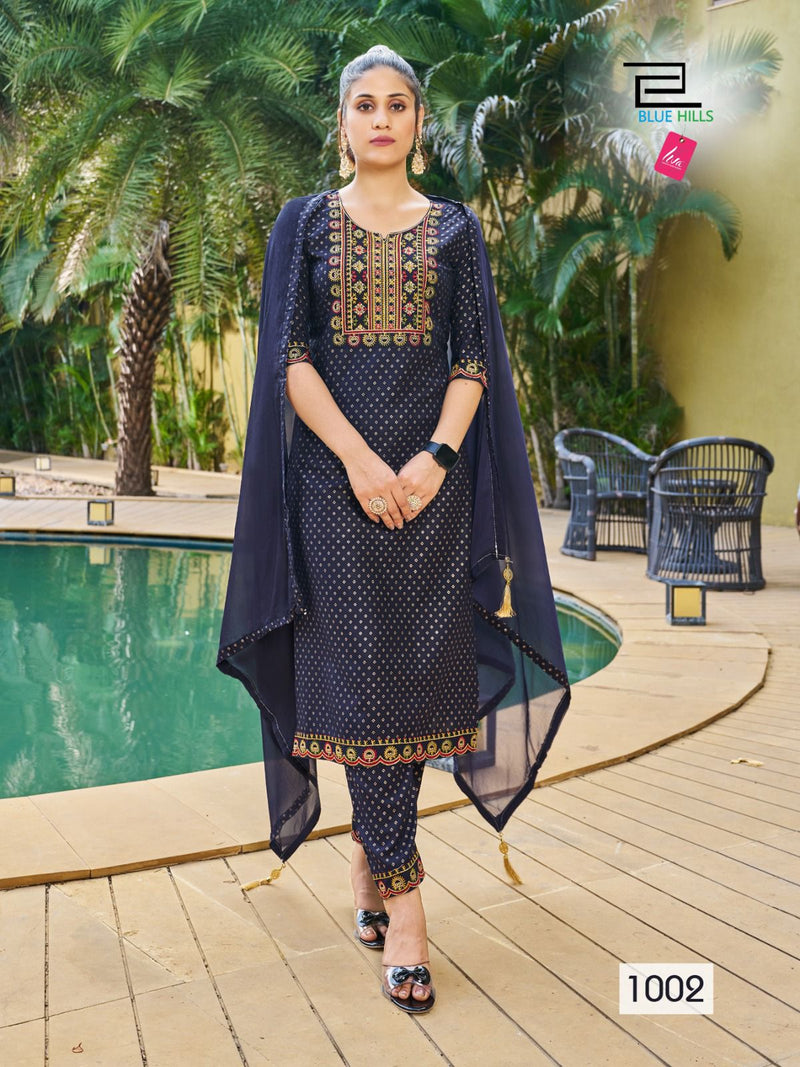 Blue Hills Jailer Rayon Foil Printed Fancy Straight Kurti With Bottom