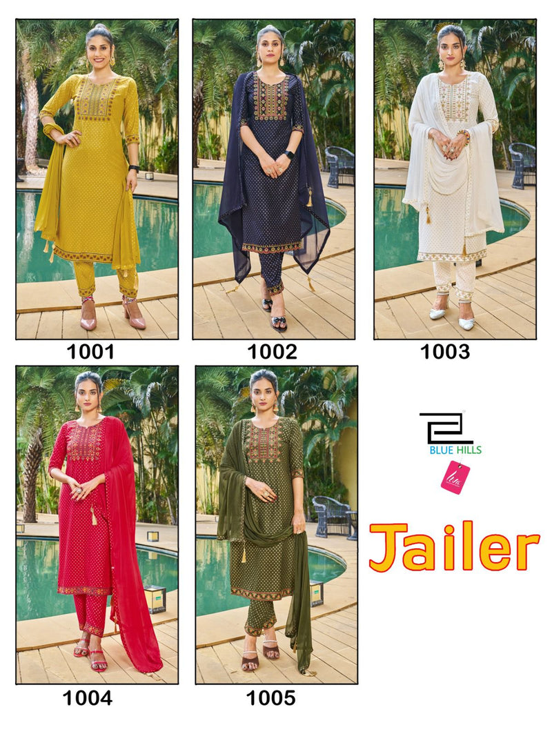 Blue Hills Jailer Rayon Foil Printed Fancy Straight Kurti With Bottom