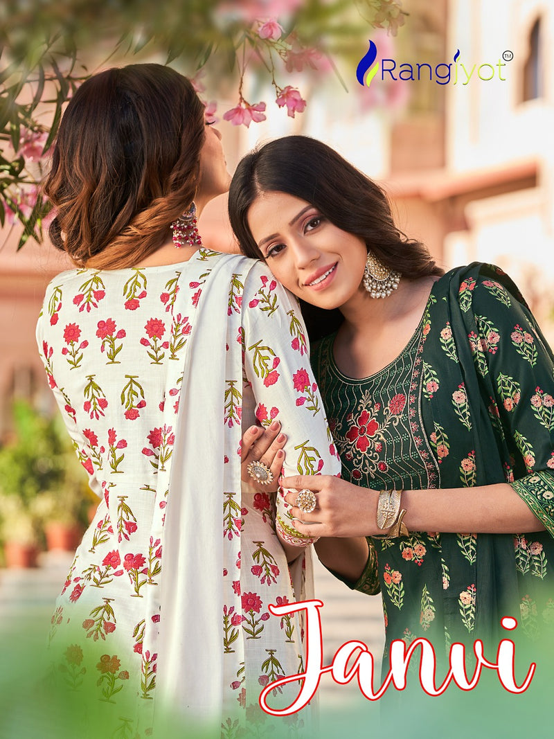 Rangjyot Janvi Vol 1 Rayon With Embroidery Designer Gowns With Cotton Dupatta Wholesaler