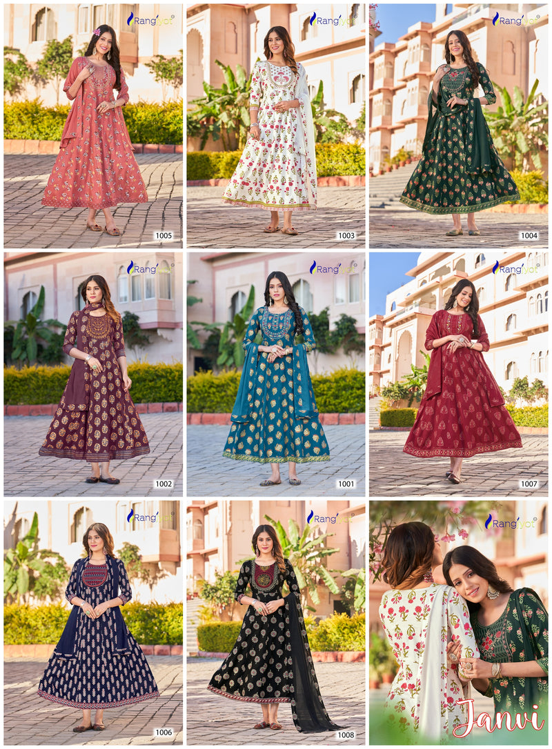 Rangjyot Janvi Vol 1 Rayon With Embroidery Designer Gowns With Cotton Dupatta Wholesaler