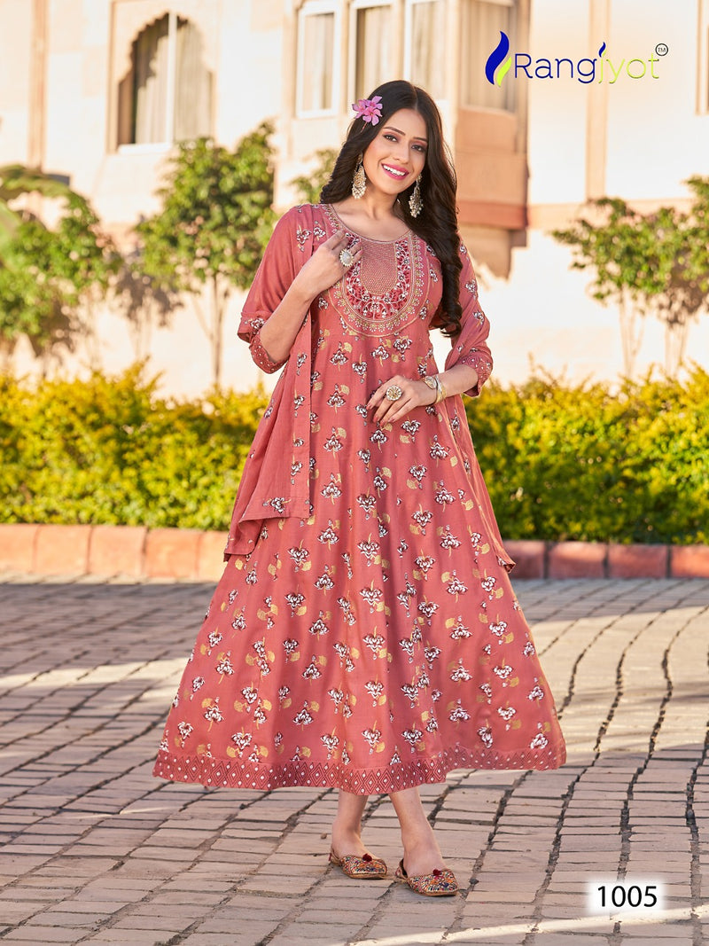Rangjyot Janvi Vol 1 Rayon With Embroidery Designer Gowns With Cotton Dupatta Wholesaler