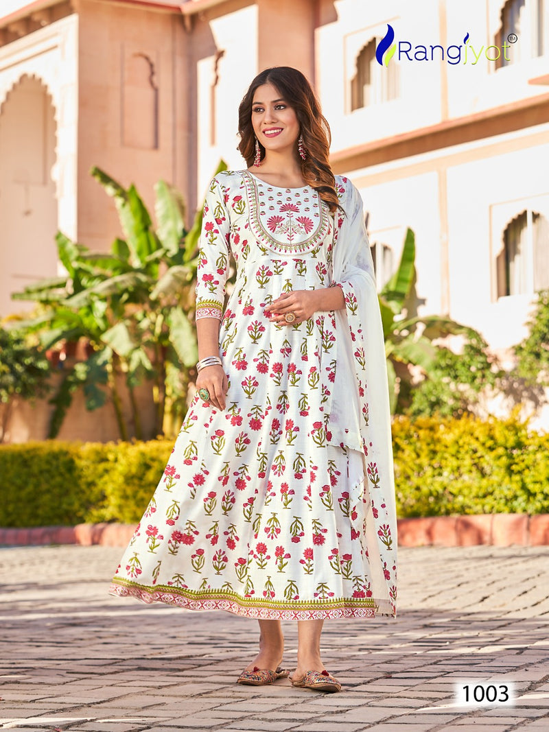 Rangjyot Janvi Vol 1 Rayon With Embroidery Designer Gowns With Cotton Dupatta Wholesaler