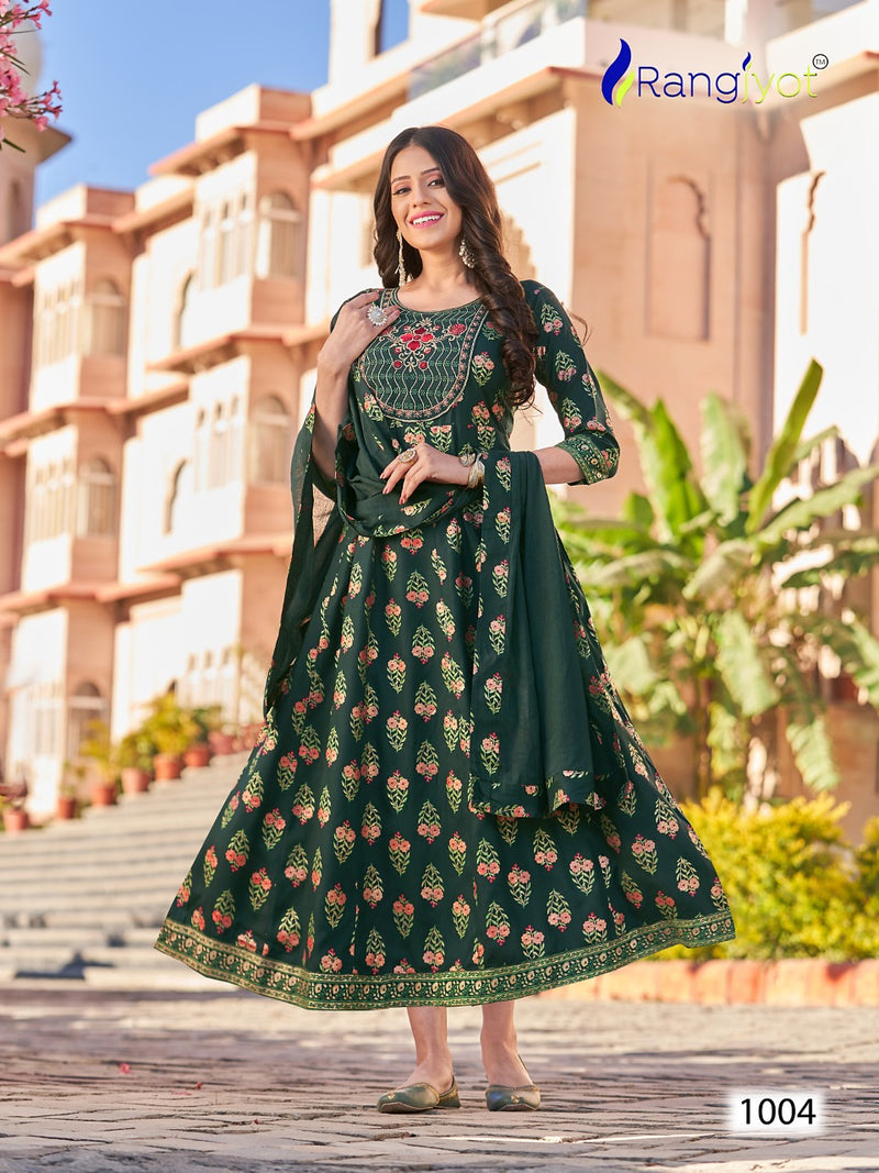 Rangjyot Janvi Vol 1 Rayon With Embroidery Designer Gowns With Cotton Dupatta Wholesaler