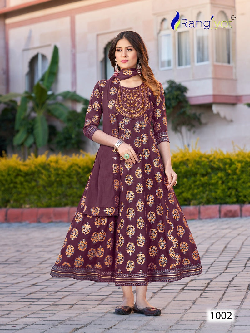 Rangjyot Janvi Vol 1 Rayon With Embroidery Designer Gowns With Cotton Dupatta Wholesaler