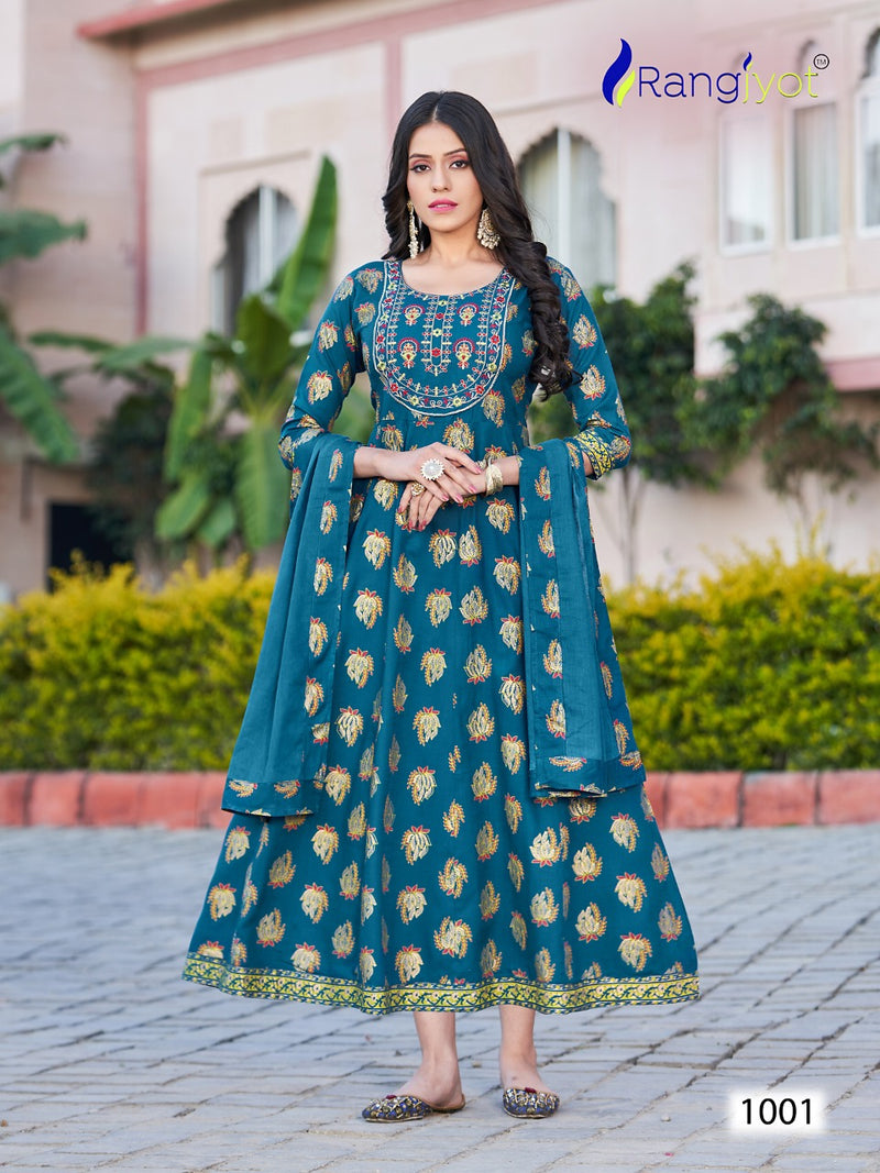 Rangjyot Janvi Vol 1 Rayon With Embroidery Designer Gowns With Cotton Dupatta Wholesaler
