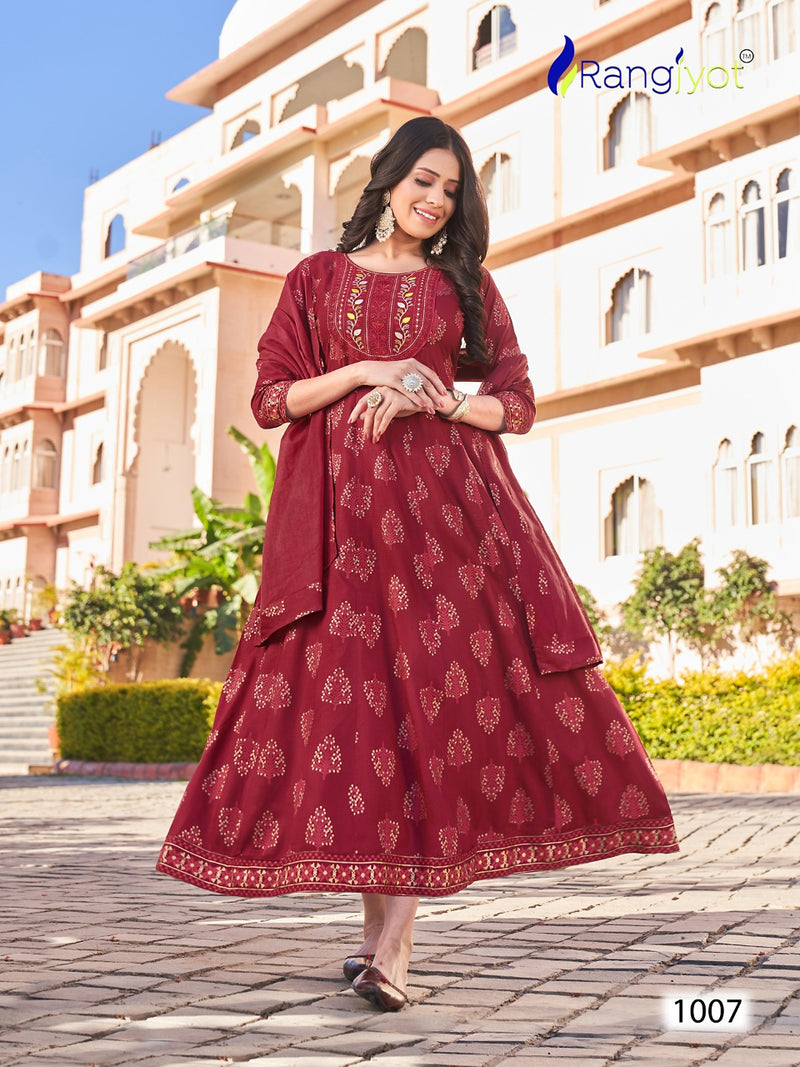 Rangjyot Janvi Vol 1 Rayon With Embroidery Designer Gowns With Cotton Dupatta Wholesaler