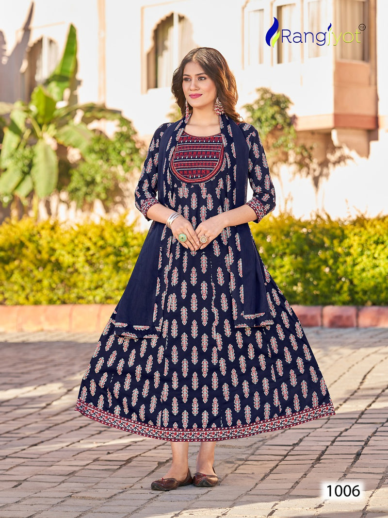 Rangjyot Janvi Vol 1 Rayon With Embroidery Designer Gowns With Cotton Dupatta Wholesaler