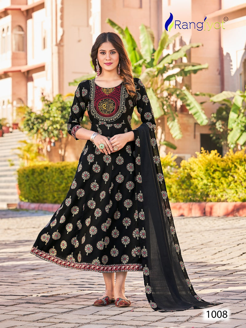 Rangjyot Janvi Vol 1 Rayon With Embroidery Designer Gowns With Cotton Dupatta Wholesaler