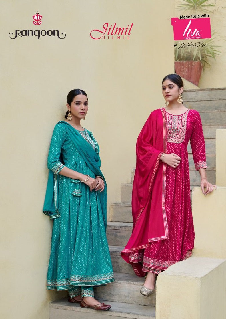 Rangoon Jilmil Rayon Print With Khatli Hand Work Designer Anarkali Style Ready Made Suits