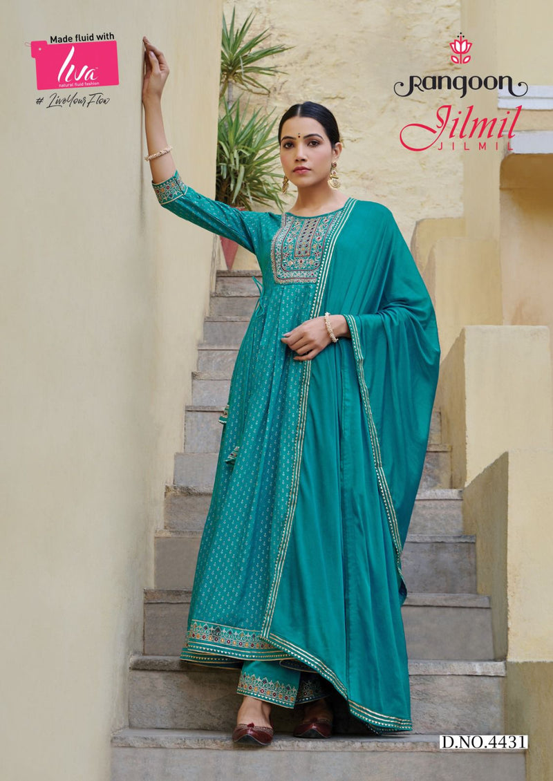 Rangoon Jilmil Rayon Print With Khatli Hand Work Designer Anarkali Style Ready Made Suits