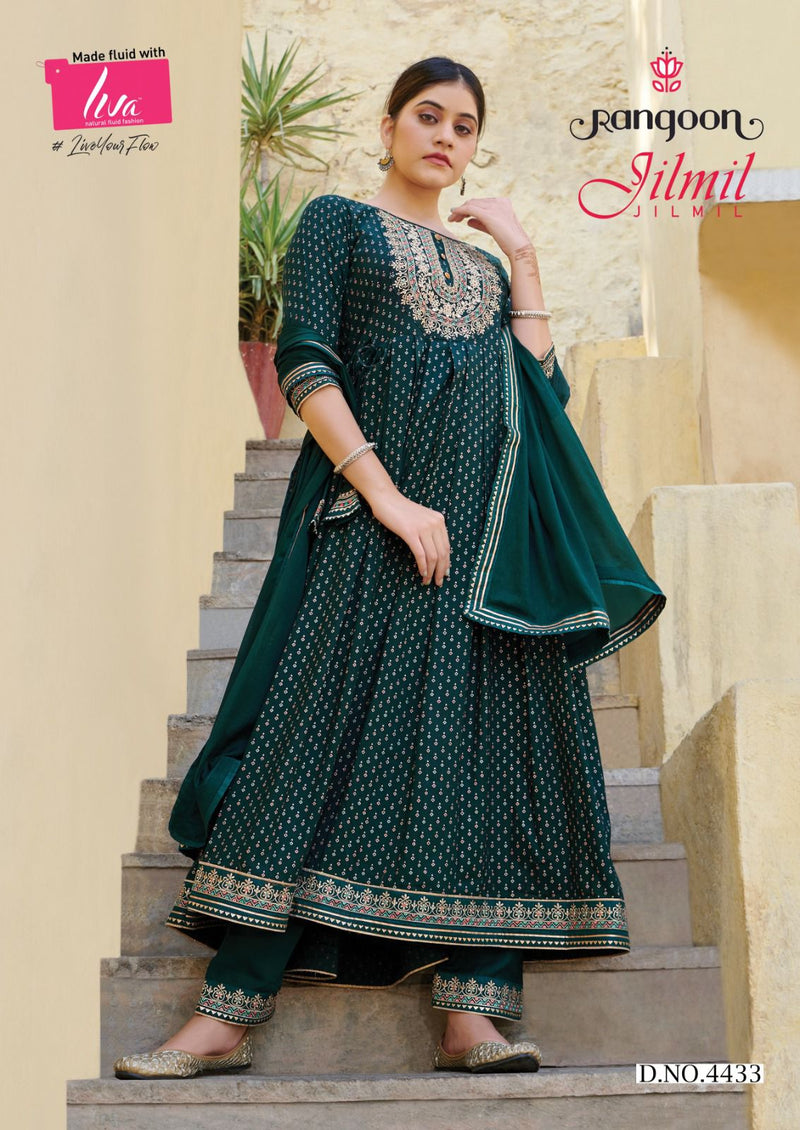Rangoon Jilmil Rayon Print With Khatli Hand Work Designer Anarkali Style Ready Made Suits
