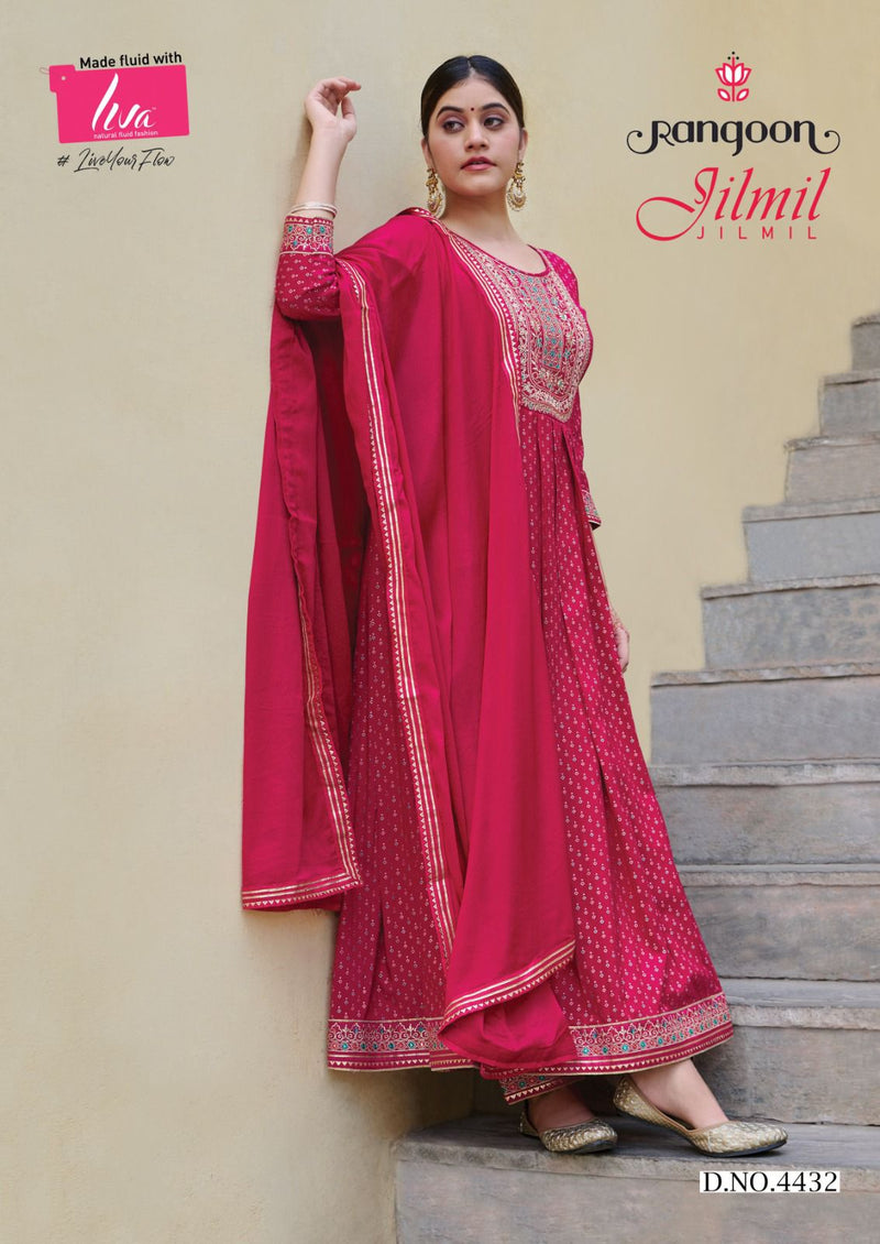 Rangoon Jilmil Rayon Print With Khatli Hand Work Designer Anarkali Style Ready Made Suits