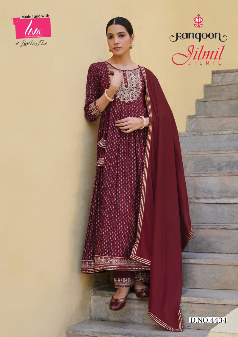 Rangoon Jilmil Rayon Print With Khatli Hand Work Designer Anarkali Style Ready Made Suits