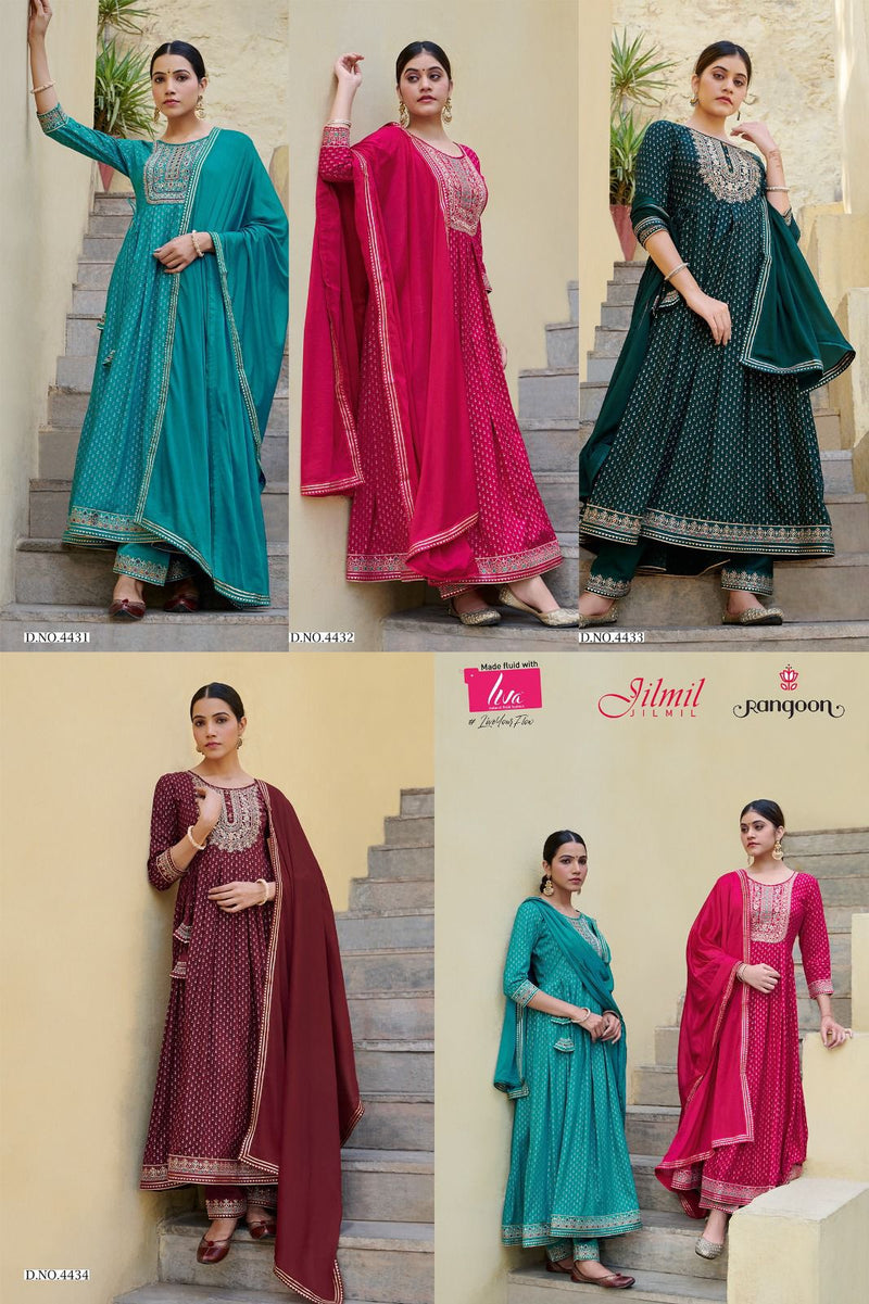 Rangoon Jilmil Rayon Print With Khatli Hand Work Designer Anarkali Style Ready Made Suits