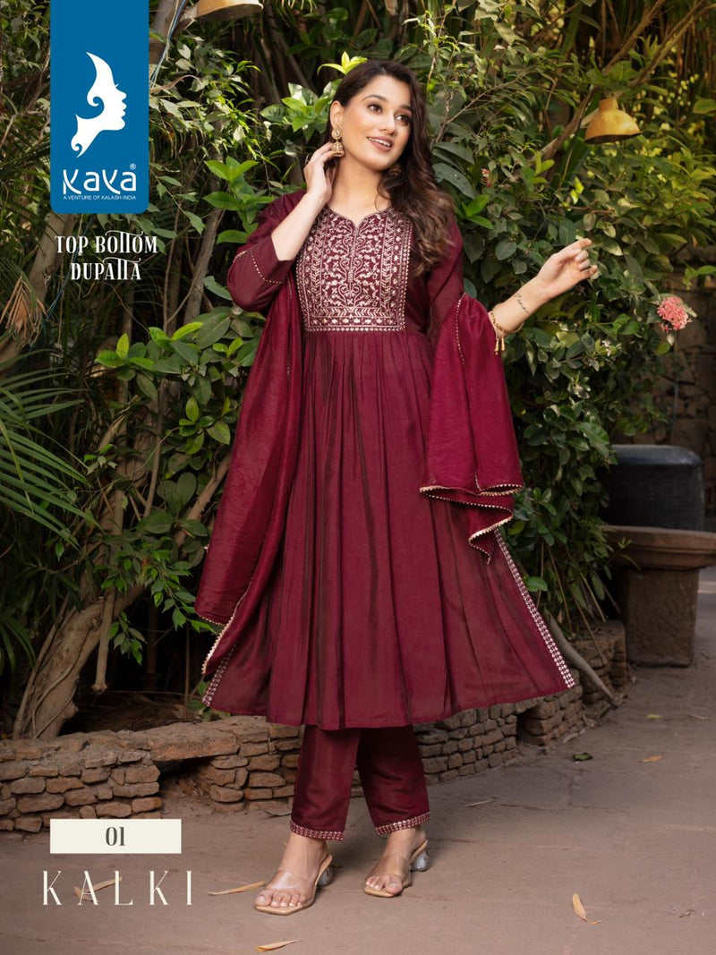 Kaya Kalki Silk With Embroidery Designer Nyra Cut Style Kurti With Bottom & Dupatta