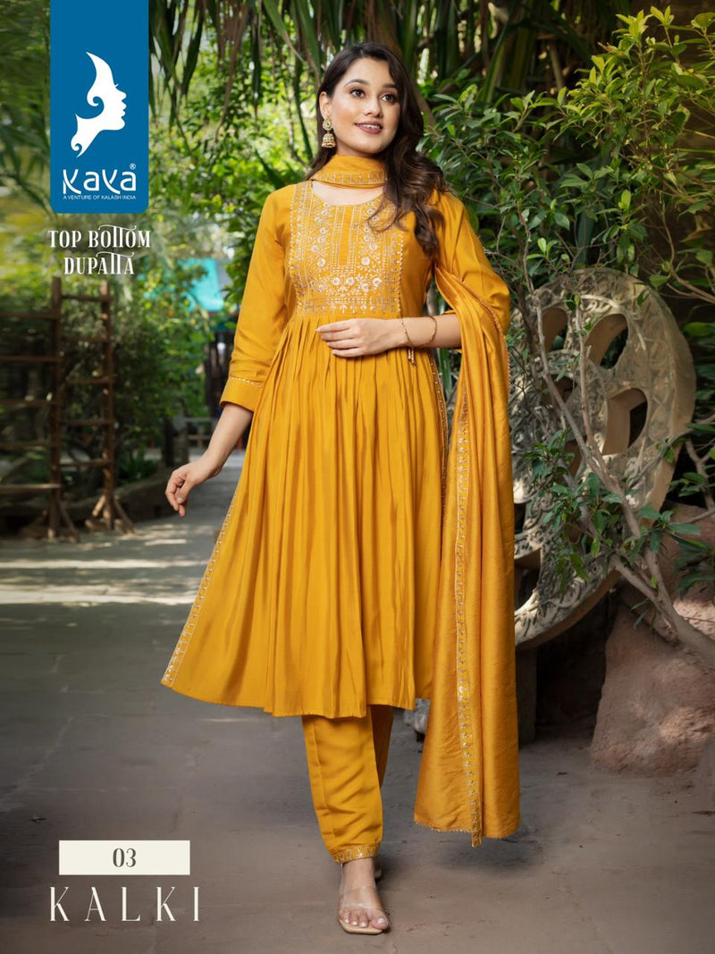 Kaya Kalki Silk With Embroidery Designer Nyra Cut Style Kurti With Bottom & Dupatta