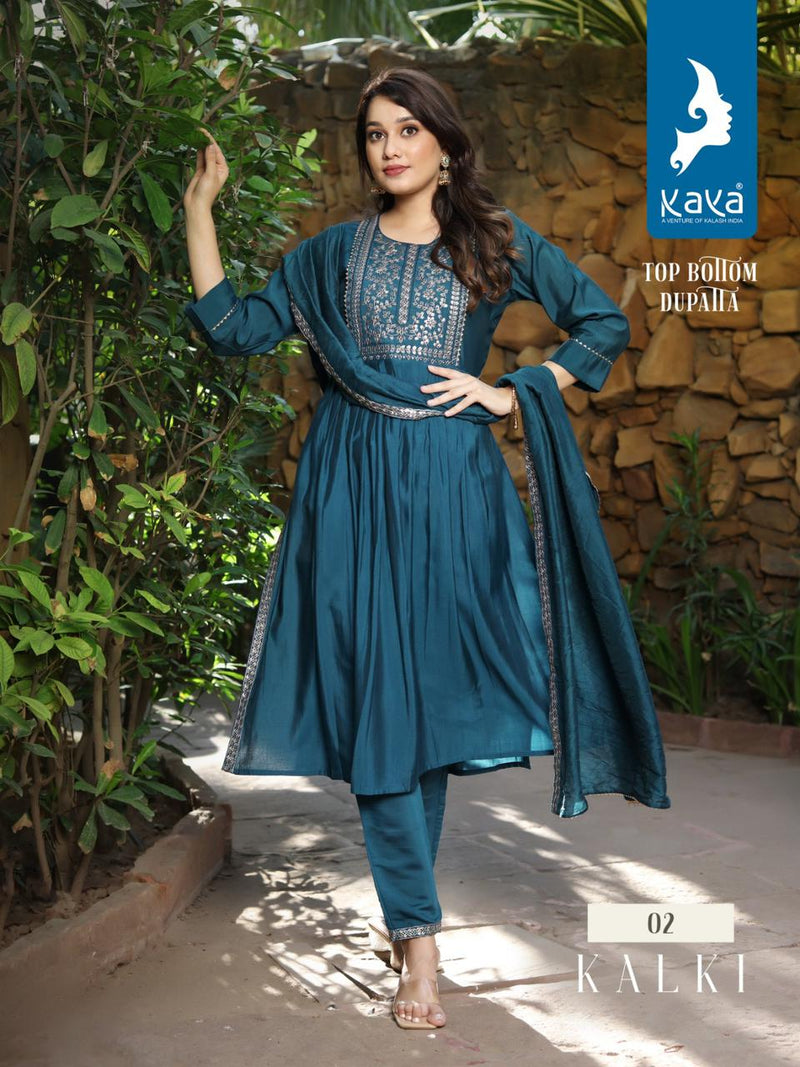 Kaya Kalki Silk With Embroidery Designer Nyra Cut Style Kurti With Bottom & Dupatta