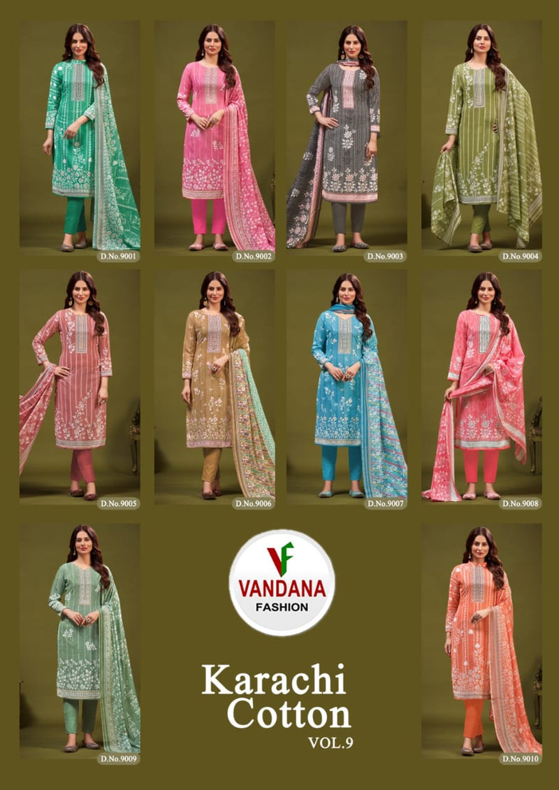 Vandana Fashion Karachi Cotton Vol 9 Cotton Print With Fancy Swarovski Work Suits