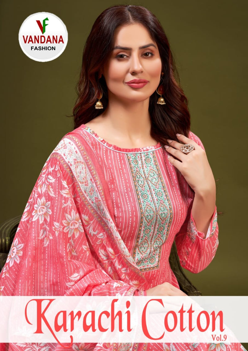 Vandana Fashion Karachi Cotton Vol 9 Cotton Print With Fancy Swarovski Work Suits