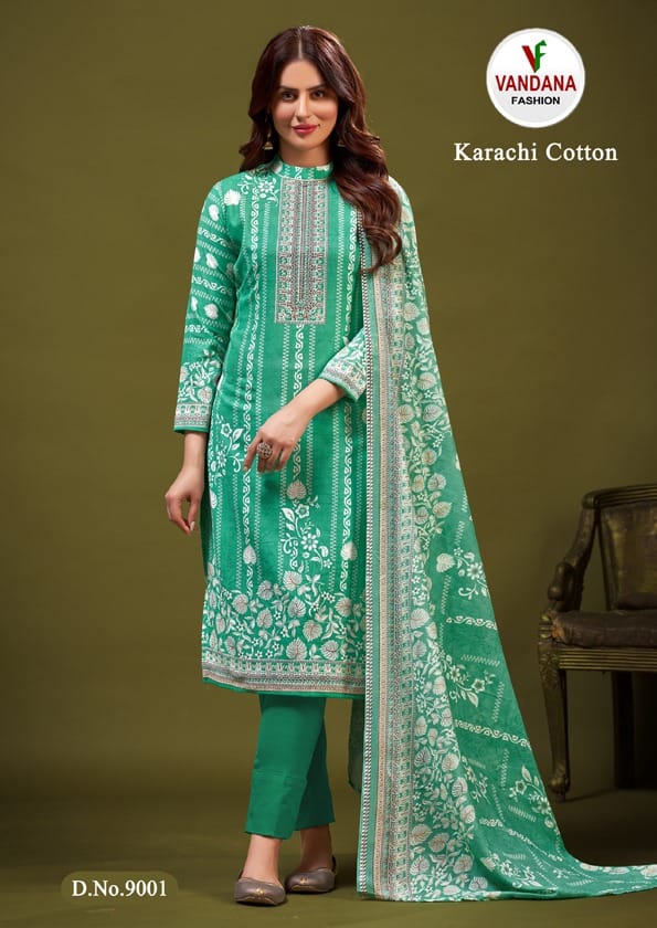 Vandana Fashion Karachi Cotton Vol 9 Cotton Print With Fancy Swarovski Work Suits