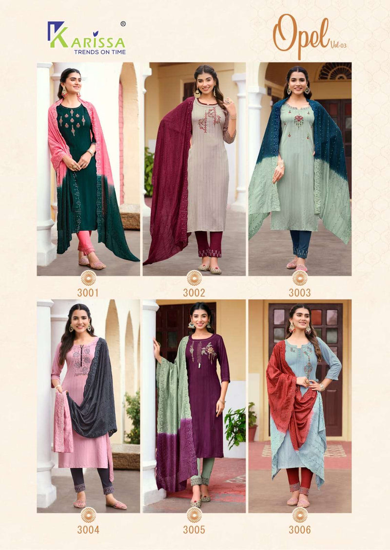 Karissa Opel Vol 3 Viscose Rayon Fancy Thered Work Designer Classy Look Top Pant With Dupatta Combo